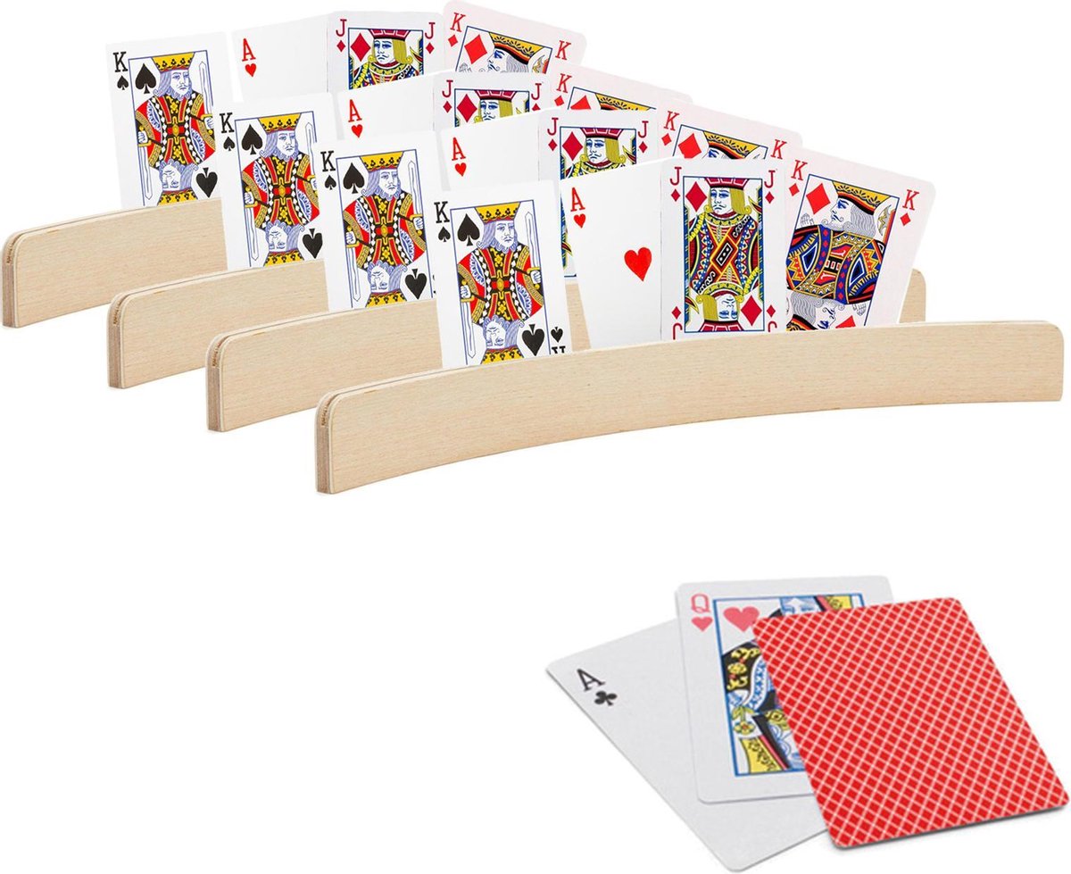 4x stuks Speelkaarthouders - inclusief 54 speelkaarten rood geruit - hout - 35 cm - kaarthouders