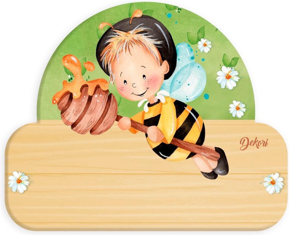 Dekori Naambord Bij Junior 12 X 17 Cm Hout Zwart/geel/lichtbruin