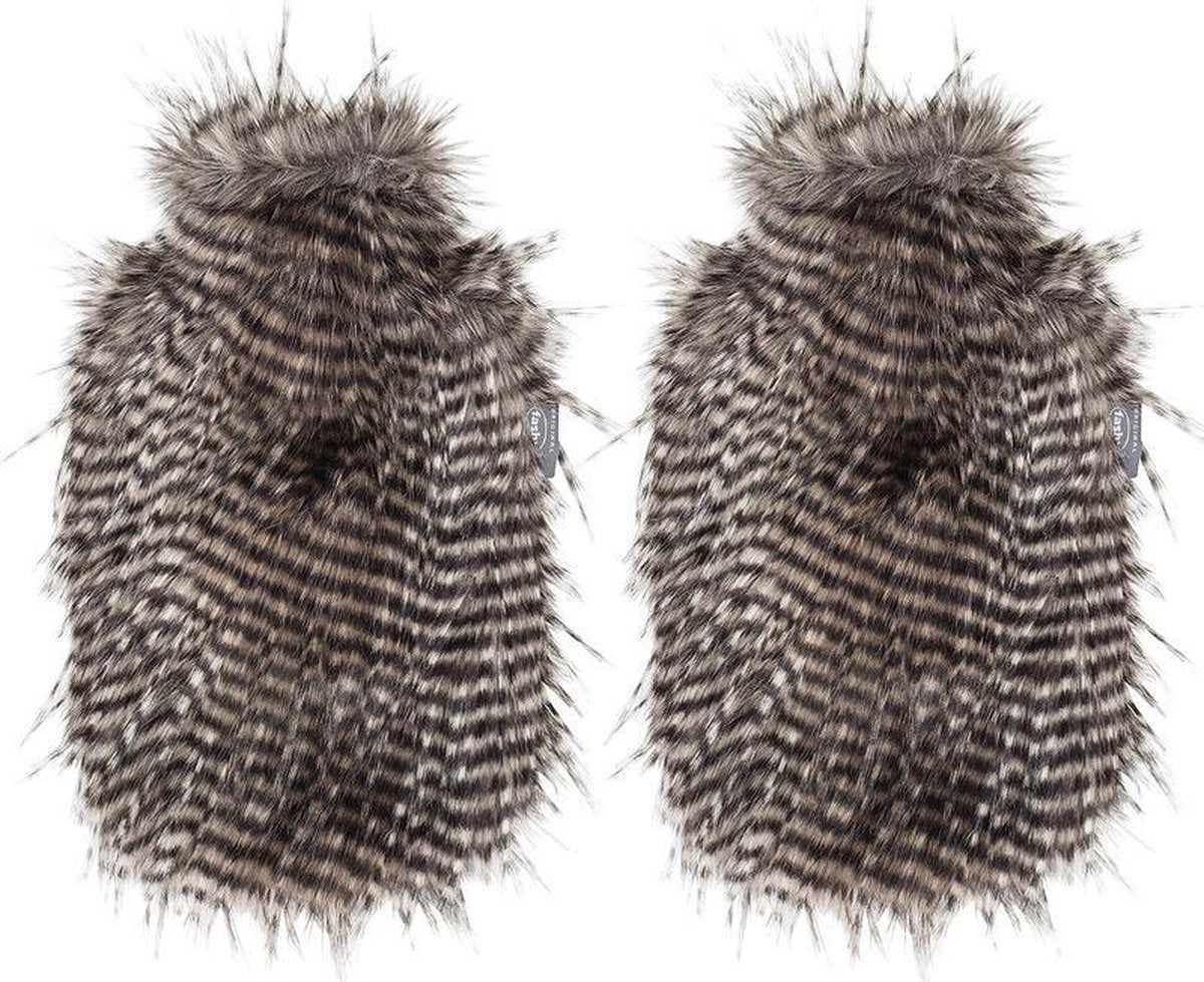 2x Bruine/bruin/witte pluche kruiken met veren uiterlijk 2 liter - Kruiken - Nepbonten namaak dierenvacht hoes - Warmwaterkruik met pluche hoes/kruikenzak