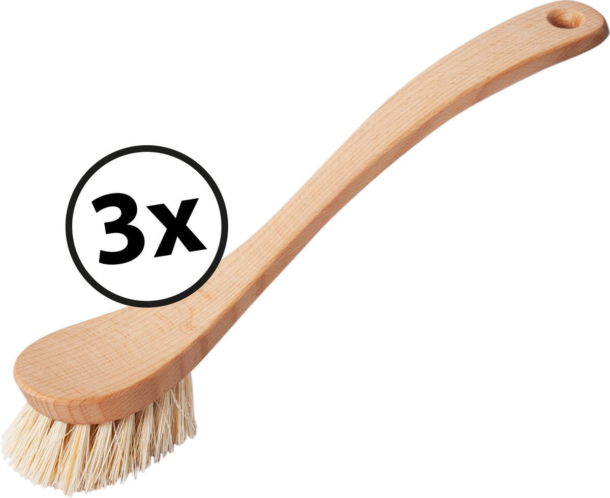 CC Hansen 3 x afwasborstel met gebogen steel- beukenhout - Stevige haren - Licht bruin - 23 cm