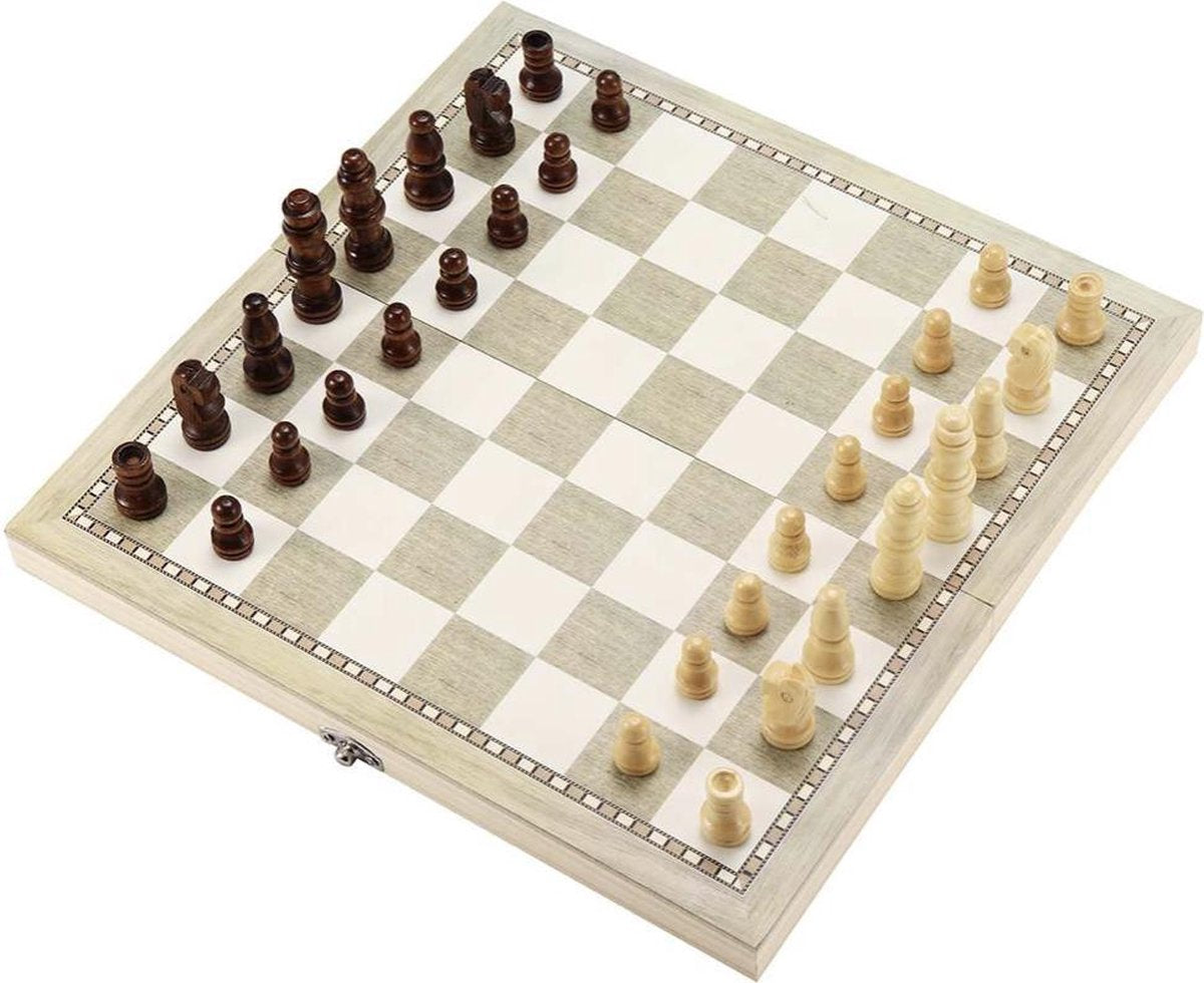 WiseGoods - Schaakbord Set 3 in 1 Opvouwbaar - Schaken - Dammen en Backgammon Cassette met Sluiting - Bordspel - 24 x 24cm