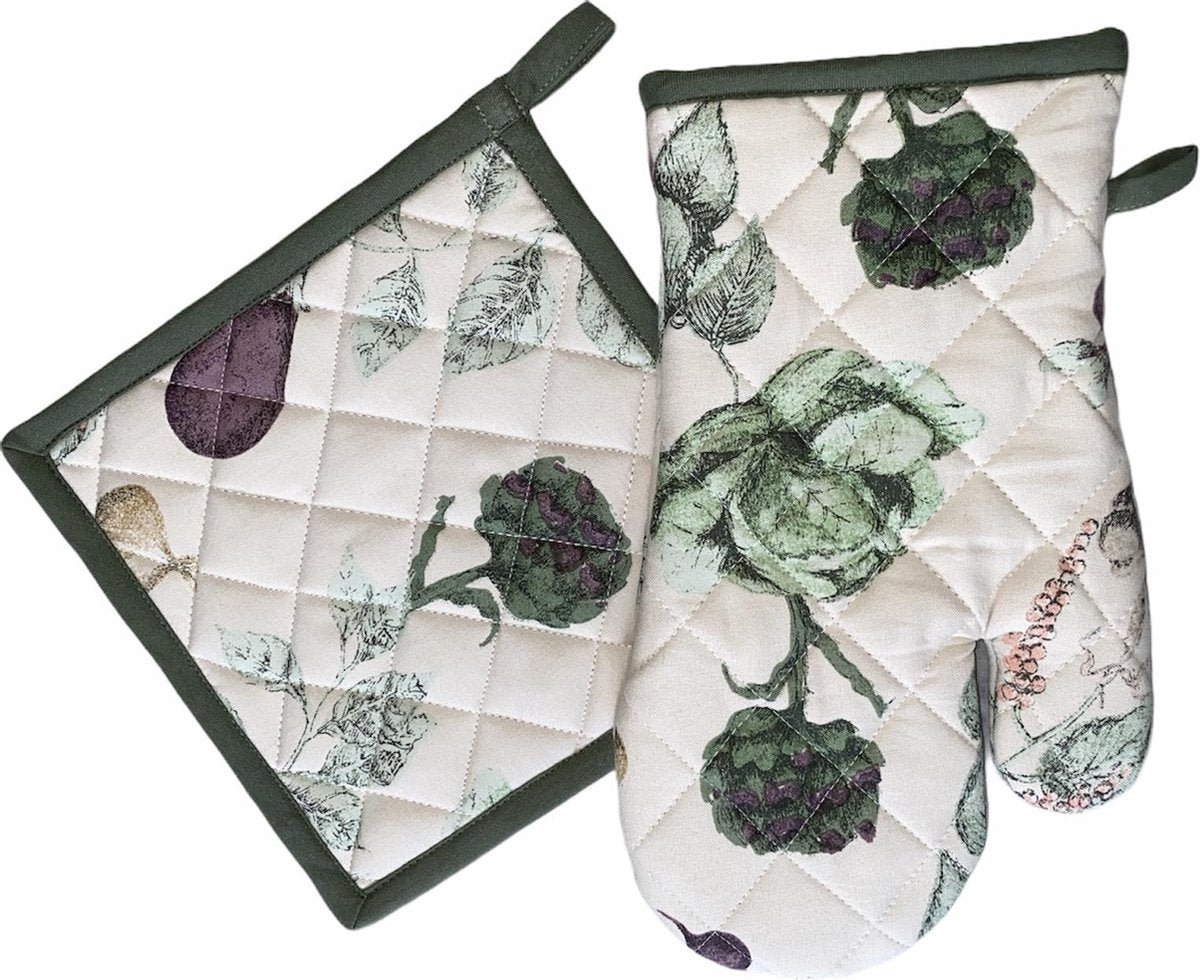 Ovenwant & Pannenlap Set | 100% Katoen | Ovenwanten | Ovenhandschoenen | Pannenlap | Pannenlappen | Hittebestendig | Keuken | Koken | Grip | Groente | Meerkleurig | Geruit |