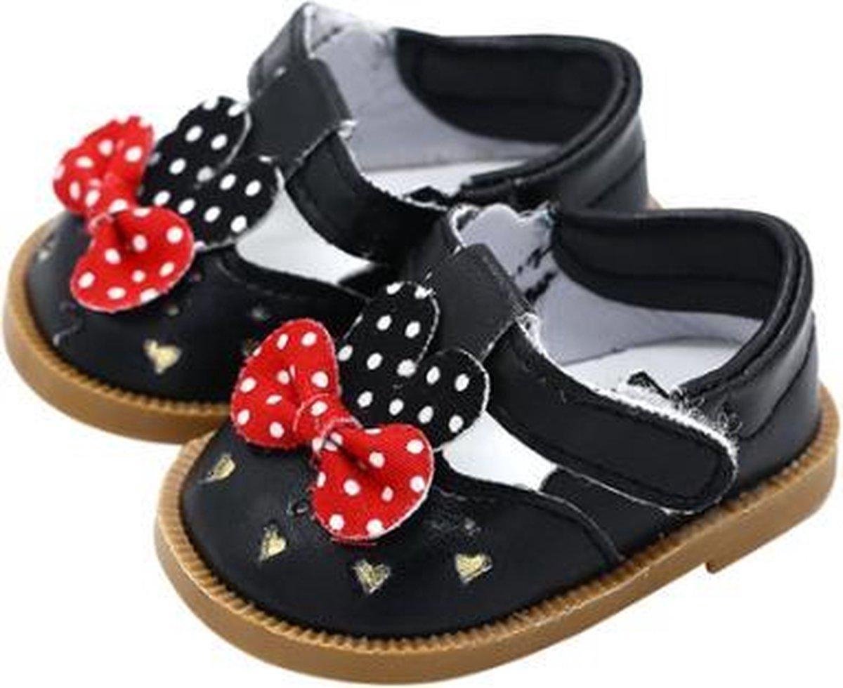 Dolldreams | Schoentjes voor Baby Born - Zwarte schoenen met rood strikje met polkadots - Poppenschoentjes 7 cm