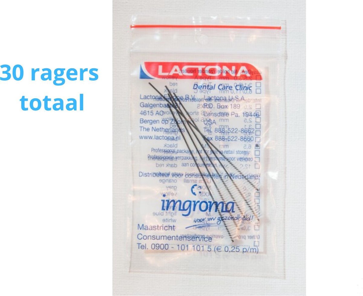 Lactona Interdentaal Ragers - Large/Medium 65mm - Zwart - 6 gripzak x 5 stuks - Met gratis beschermhouder - Voordeelpakket