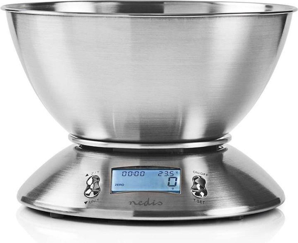 Nedis KASC111SI Digitale Keukenweegschaal Verlicht Lcd-scherm Temperatuur Wekker Metaal