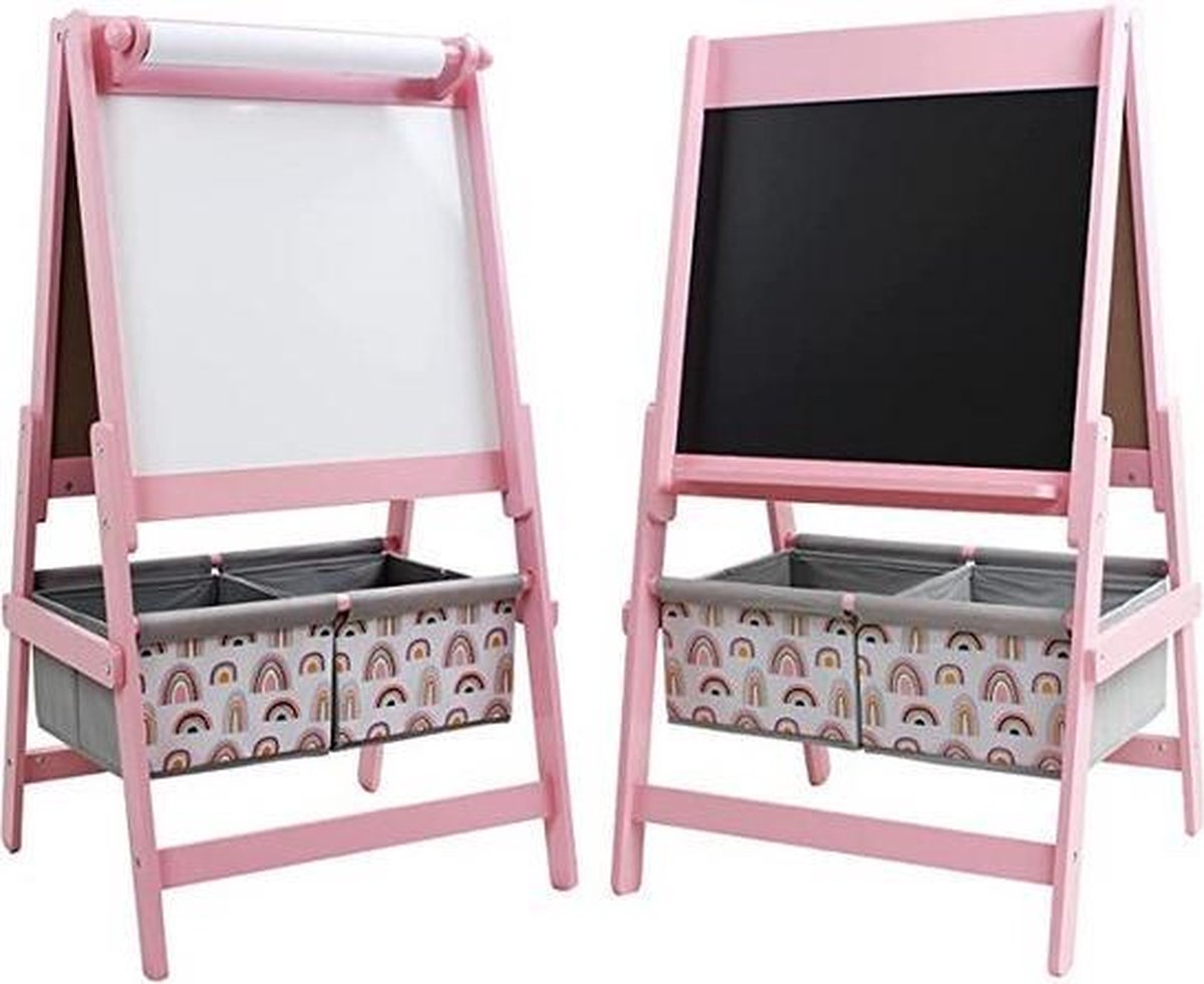 krijtbord kinderen -Schoolbord-Tekenbord-Schrijfbord- Kinder Schrijfbord –RolPapier– Wit/Zwart– Dubbelzijdig- Krijt en Papier – 104x55.5x55.6cm – Met 5m Papierrol -hout