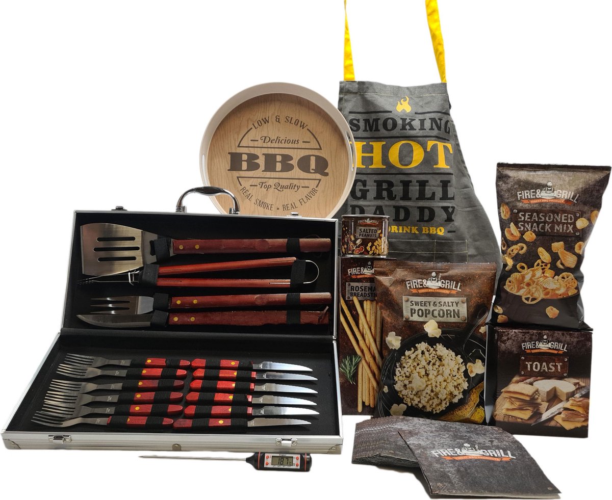 Cadeaupakket - geschenkset - BBQ Summer XL- inclusief barbecue bestek in koffer – bamboe dienblad – BBQ schort - Voedselthermometer - food artikelen