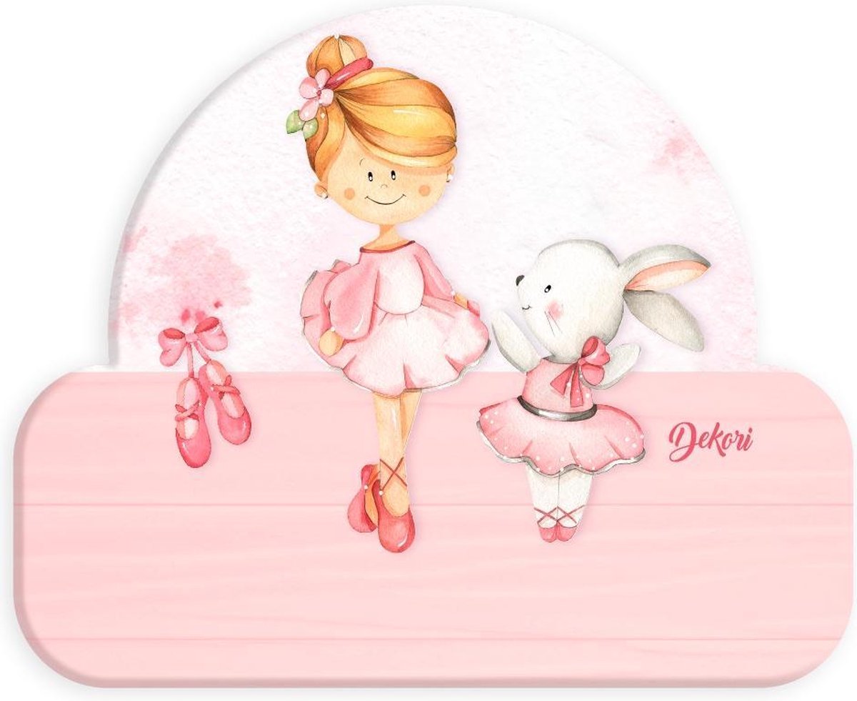 Dekori Naambord Ballerina Met Konijn Meisjes 12 X 17 Cm Hout Roze