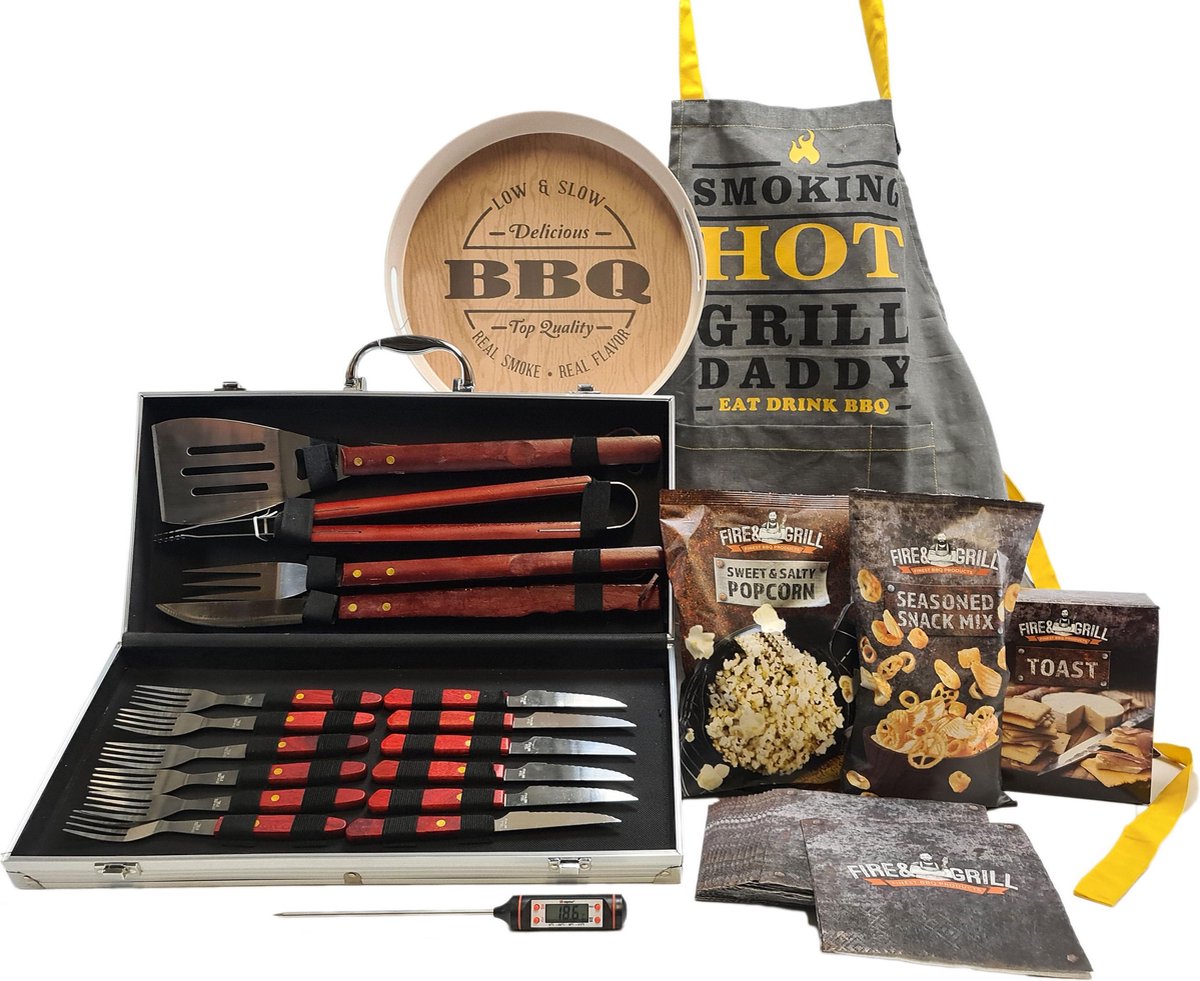Cadeaupakket - geschenkset - BBQ Summer L- inclusief barbecue bestek in koffer – bamboe dienblad – BBQ schort - Voedselthermometer - food artikelen