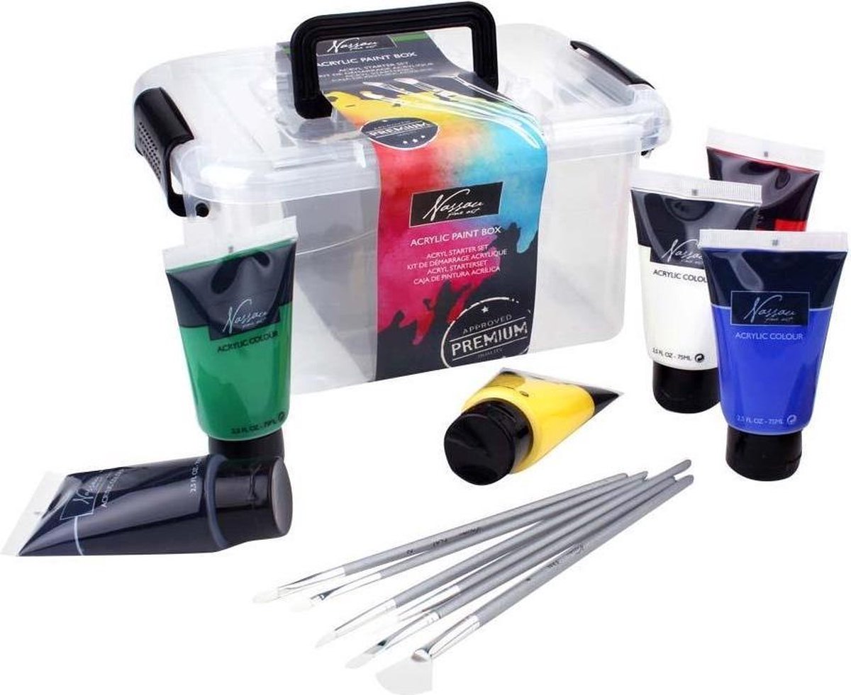 Nassau Fine Art Acrylic box 9 tubes + 6 penselen