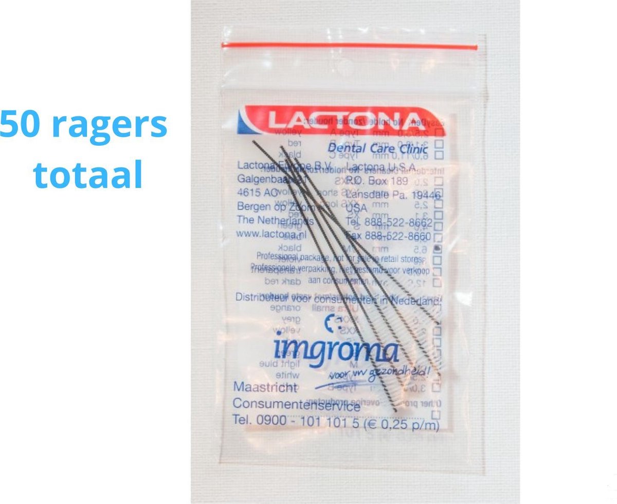 Lactona Interdentaal Ragers - Large/Medium 65mm - Zwart - 10 gripzak x 5 stuks - Met gratis beschermhouder - Voordeelpakket