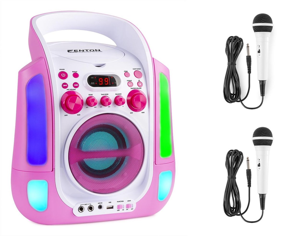 Karaoke set met microfoons en ingebouwde speaker - Fenton SBS30P - 2 karaoke microfoons - Bluetooth - CD G - Lichteffecten - Draagbaar - Roze