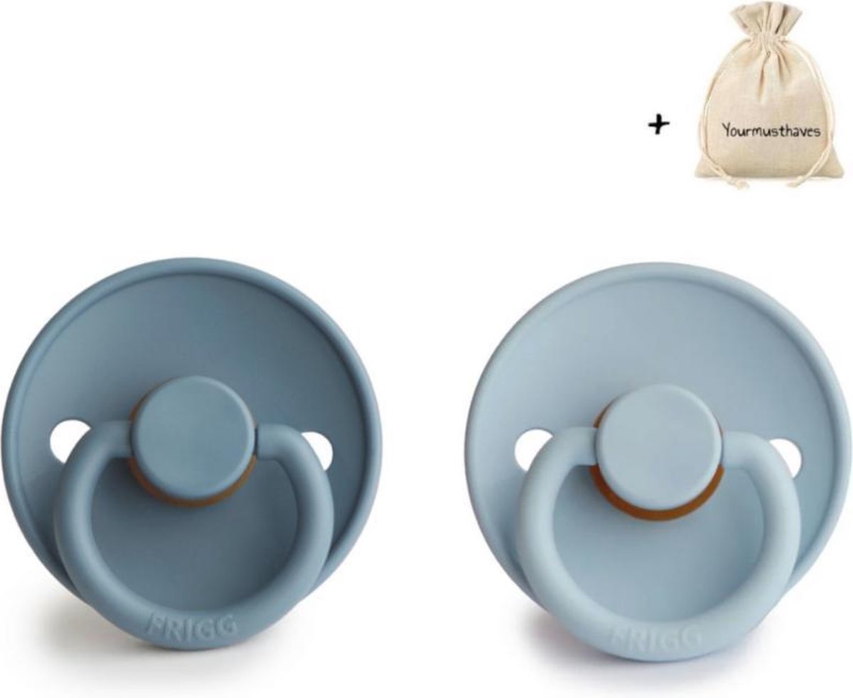 FRIGG | Fopspeen Duo | T1 | 0-6 maanden | Classic | Natuurrubber | Glacier Blue + Baby Blue | Met YOURMUSTHAVES speenzakje