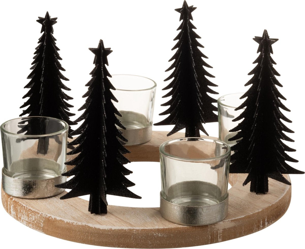 J-Line T-Lichthouder Kerst Rond Hout/Metaal Zwart