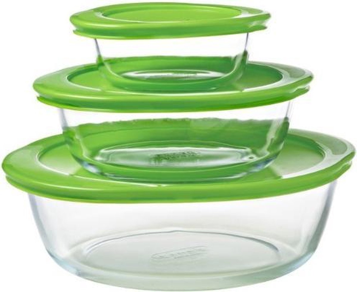 Pyrex - Cook & Store Schaal 350 ml 1.1 liter 2.3 liter Set van 3 Stuks - Transparant/Groen