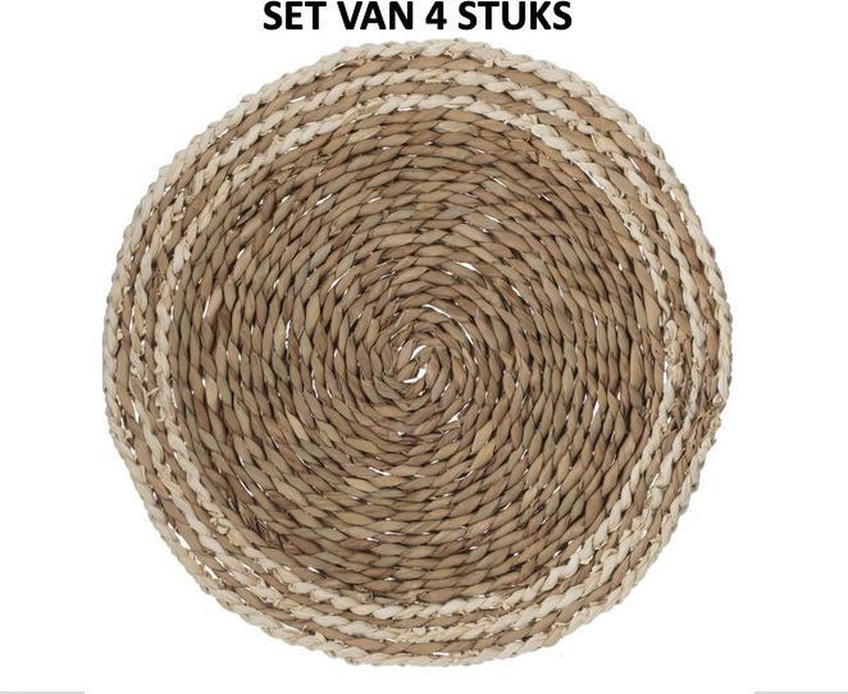 LOFT030 Placemat Set 4 Stuks Rond Boho ø 38.5 cm Riet naturel en wit
