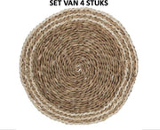 LOFT030 Placemat Set 4 Stuks Rond Boho ø 38.5 cm Riet naturel en wit