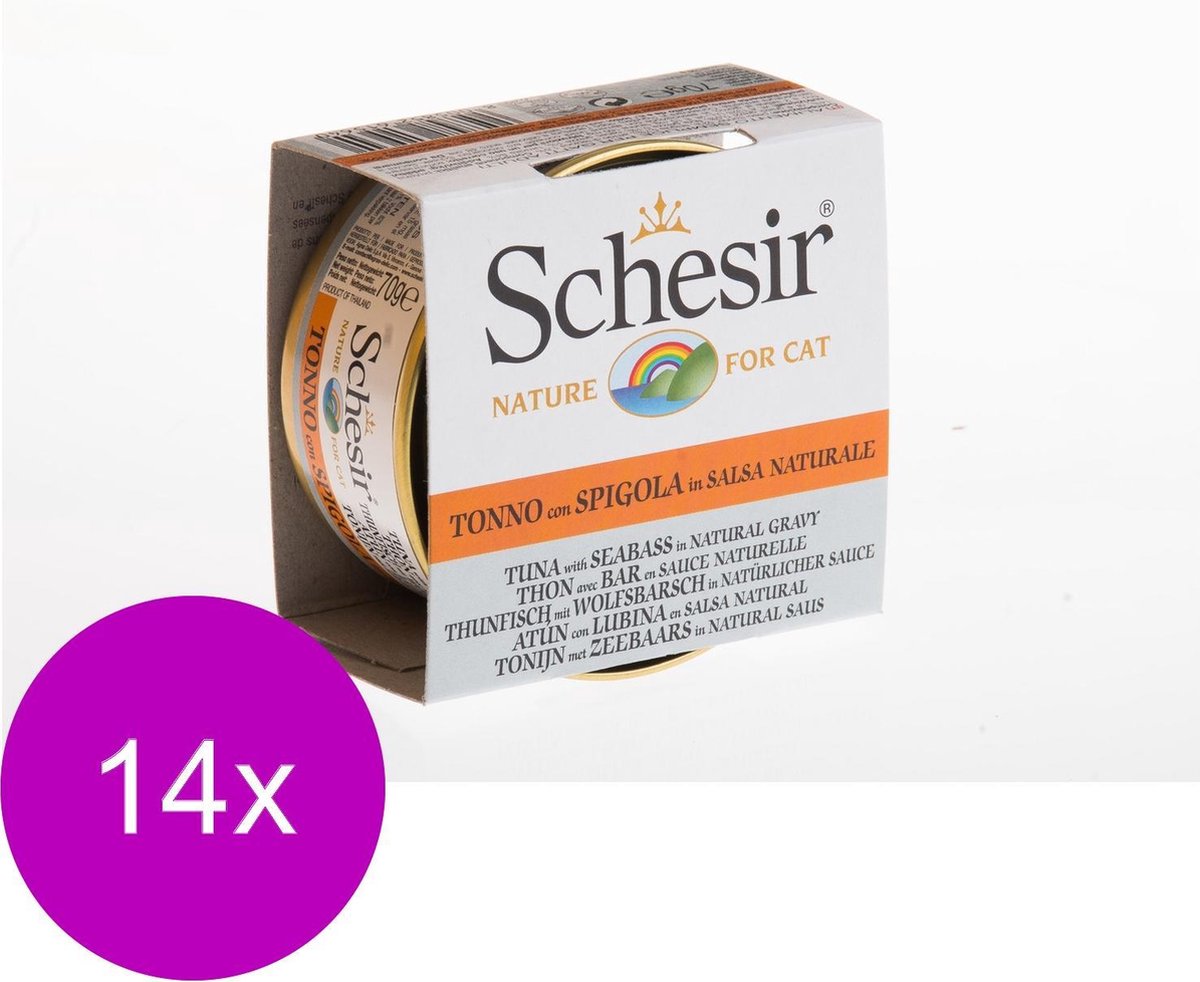 Schesir Natvoer in natuurlijke saus - Tonijn met zeebaars - 14 stuks à 70 gram
