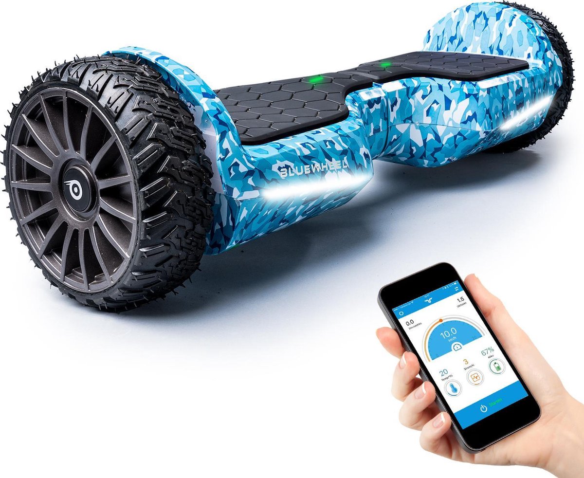 BLUEWHEEL app-compatibel hoverboard off-road + Bluetooth luidspreker & LED Licht | Exclusief velgen design | Self Balance Board + veiligheidsmodus voor kinderen | Premium accu & Dual Power Motor | HX380