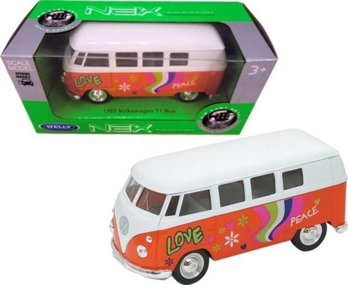 1963 Volkswagen T1 Bus (Oranje/Wit) 1/34 Welly - Samba Modelauto - Schaalmodel - Miniatuurauto