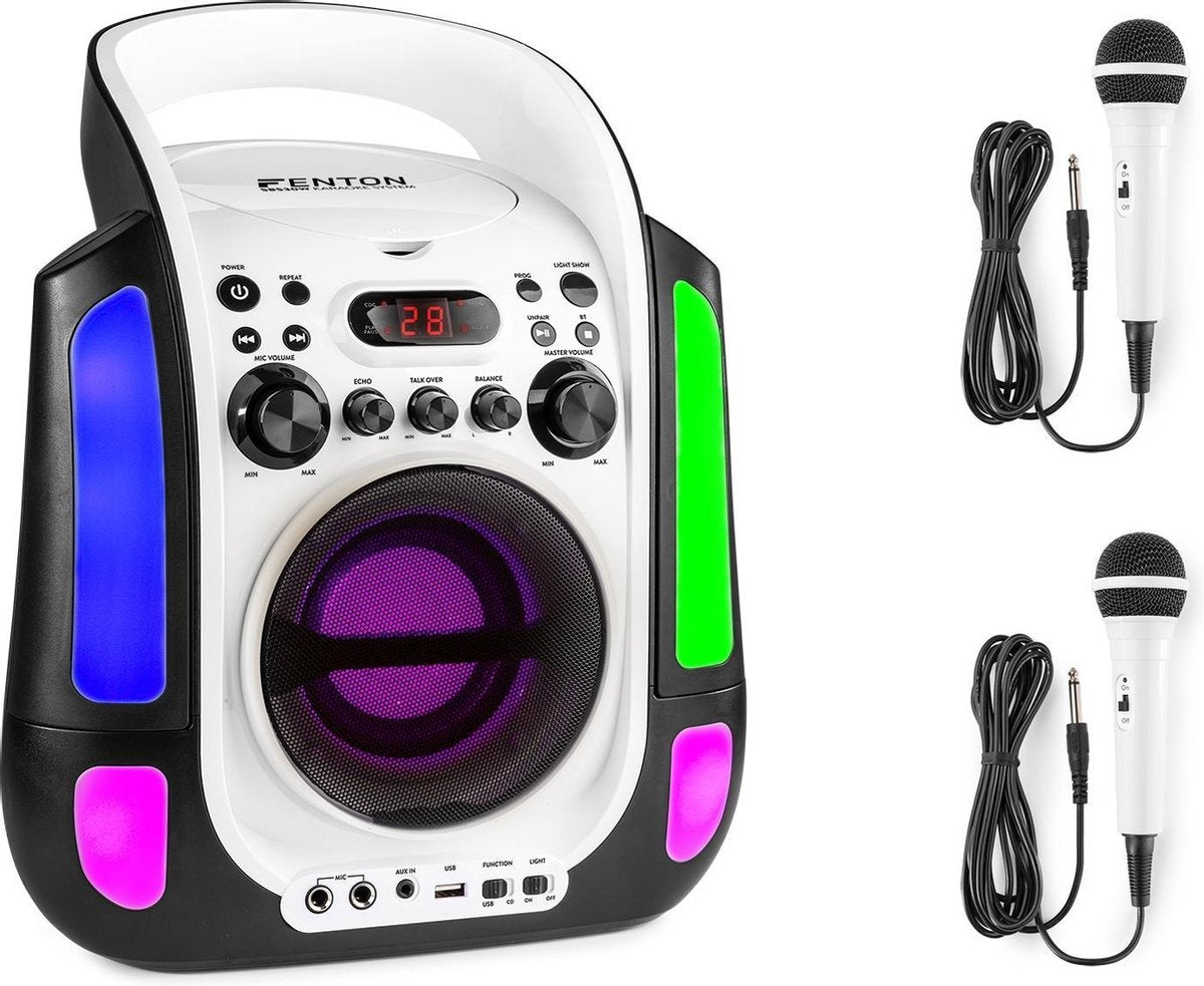 Karaoke set met microfoons en ingebouwde speaker - Fenton SBS30W - 2 karaoke microfoons - Bluetooth - CD G - Lichteffecten - Draagbaar - Wit