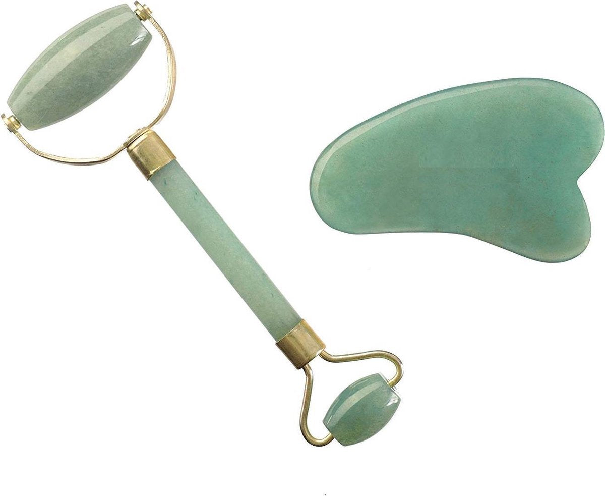Dermarolling Jade Roller Gezichtsmassage Roller - met Gua Sha Tool - Groen