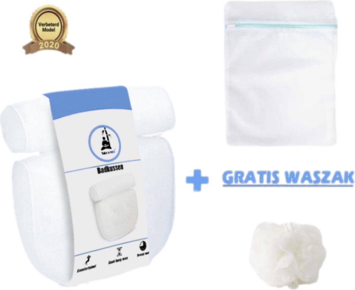 Take a rest Luxe Home Spa Badkussen met zuignappen + Waszak en Bad Spons - Extra zacht - Voor Nek en Rug - Kussen voor in Bad - Antislip - Wit - Orthopedisch Hoofd Steun voor In Bad