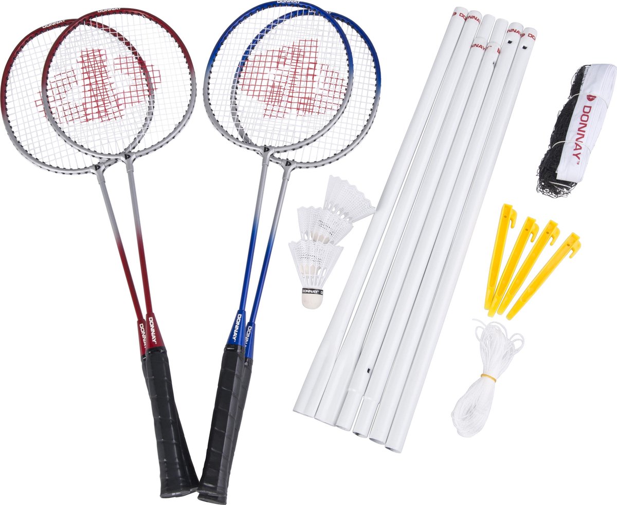 Donnay Badmintonset: Badmintonnet- 4 Badmintonrackets - 3 Badmintonshuttles - met Draagtas