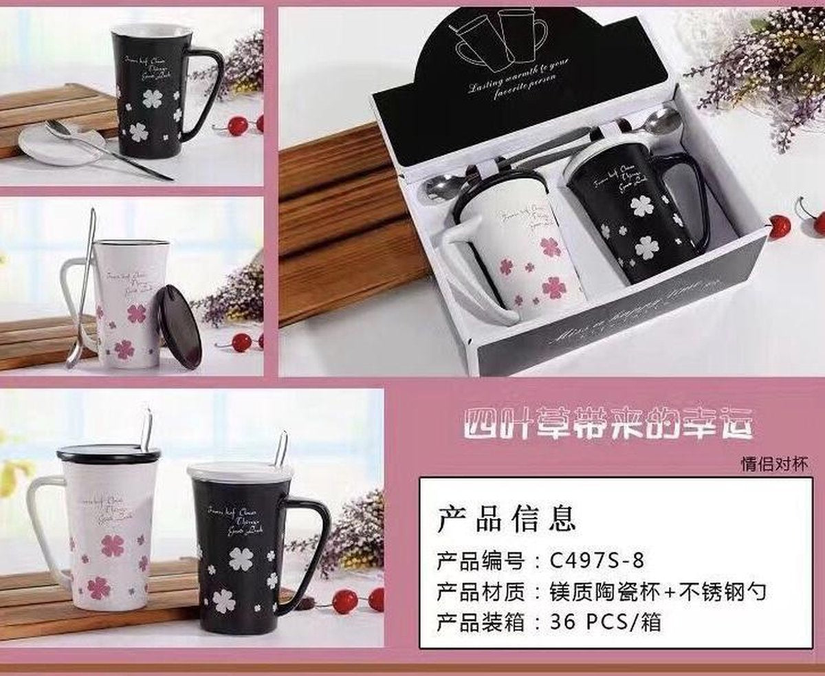 Beker- mok - keramiek - Klavertje vier -geluksbrenger   Set van 2 mokken met  deksel & lepel 320ml Romantische Clover love Moederdag cadeau - vaderdag geschenk - geef een speciaal persoon.