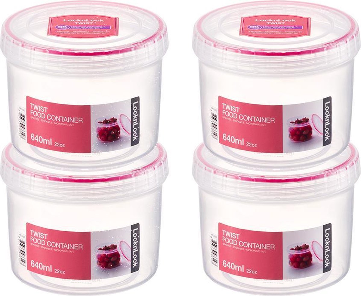 Lock&Lock - Twist Vershoudbakjes | Voorraadbussen | Bewaardozen voedsel - 640 ml - Rond - Set van 4 stuks