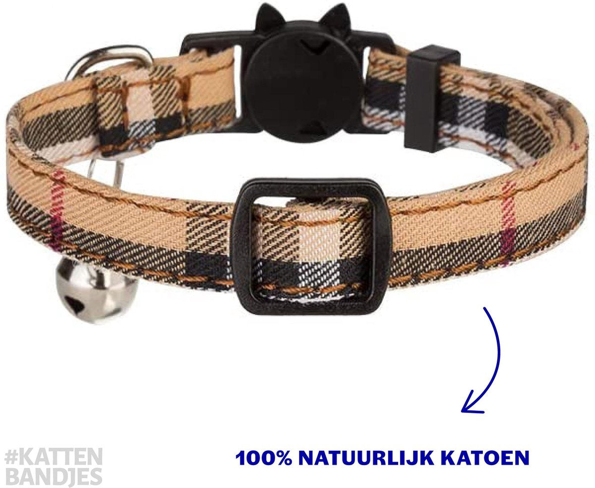 Halsband kat | Kattenband | Kattenhalsbandje | Kitten | Kattenbandje met belletje | Kattenhalsbandjes met veiligheidssluiting in dé klassieke beige ruit