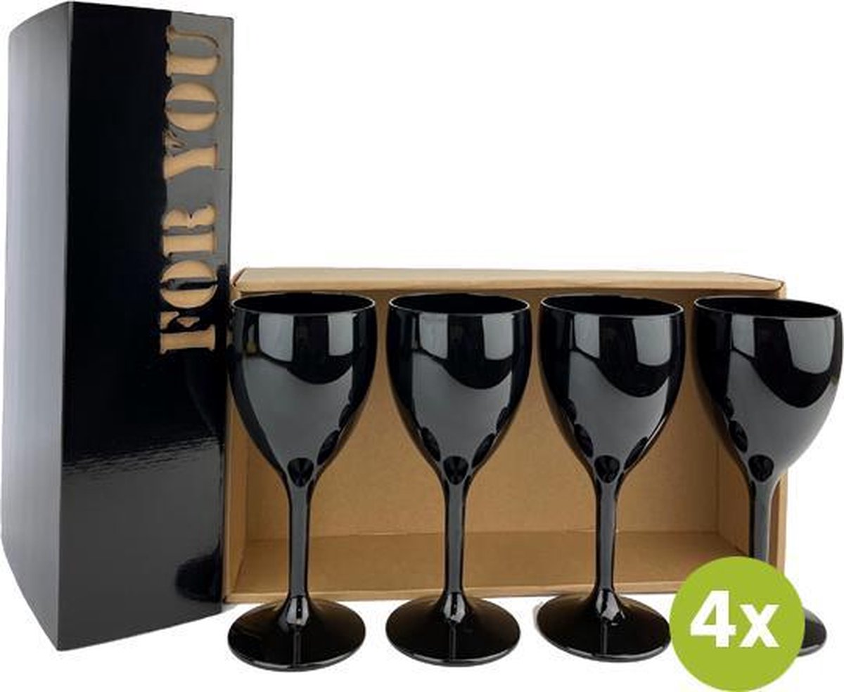 4x Wijnglas Valencia zwart 32cl cadeauset | Onbreekbare kunststof /plastic drinkglazen