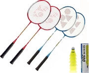 Yonex badminton groepspakket: 4 GR-020 badmintonrackets en 6 Mavis 300 yellow medium shuttles