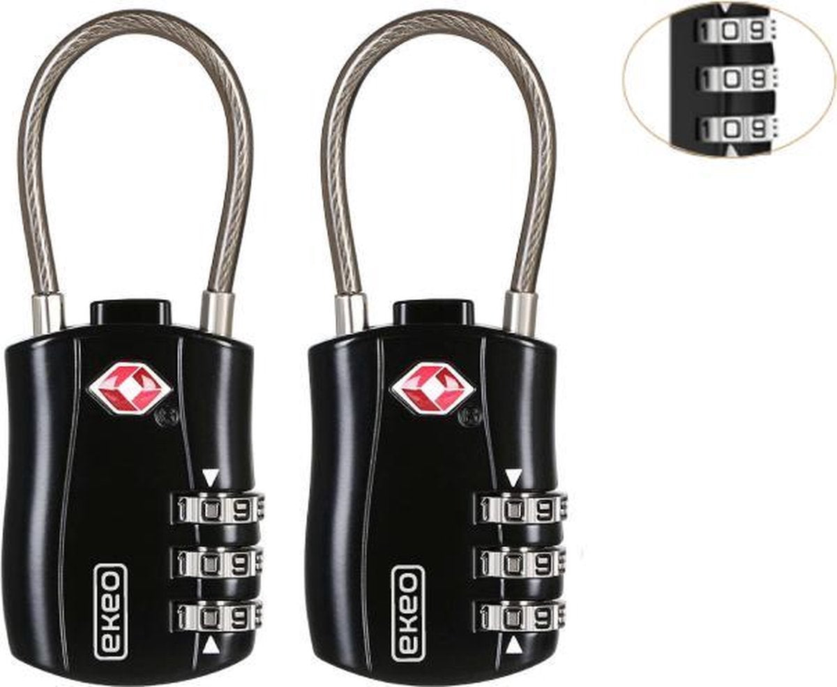 EKEO TSA Kofferslot 3 Cijferig - Reisslot – Reis Cijferslot – Cijferhangslot - Hangslot - Hangslotje - Bagageslotjes – Slot voor Bagage – USA Slotjes - Zwart - 2 Stuks