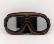 Retro bruin leren motorbril zilver reflectie glas