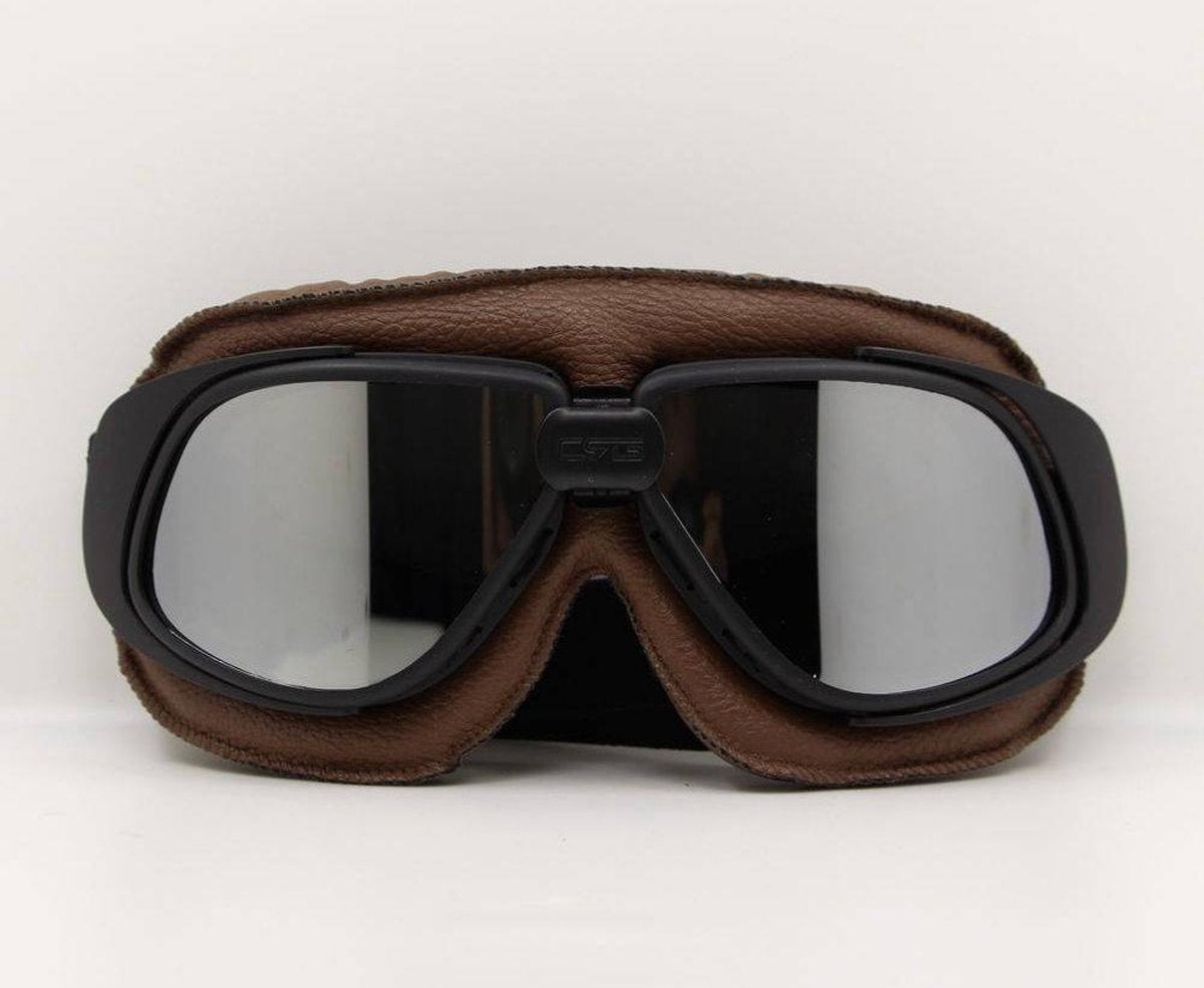 Retro bruin leren motorbril zilver reflectie glas