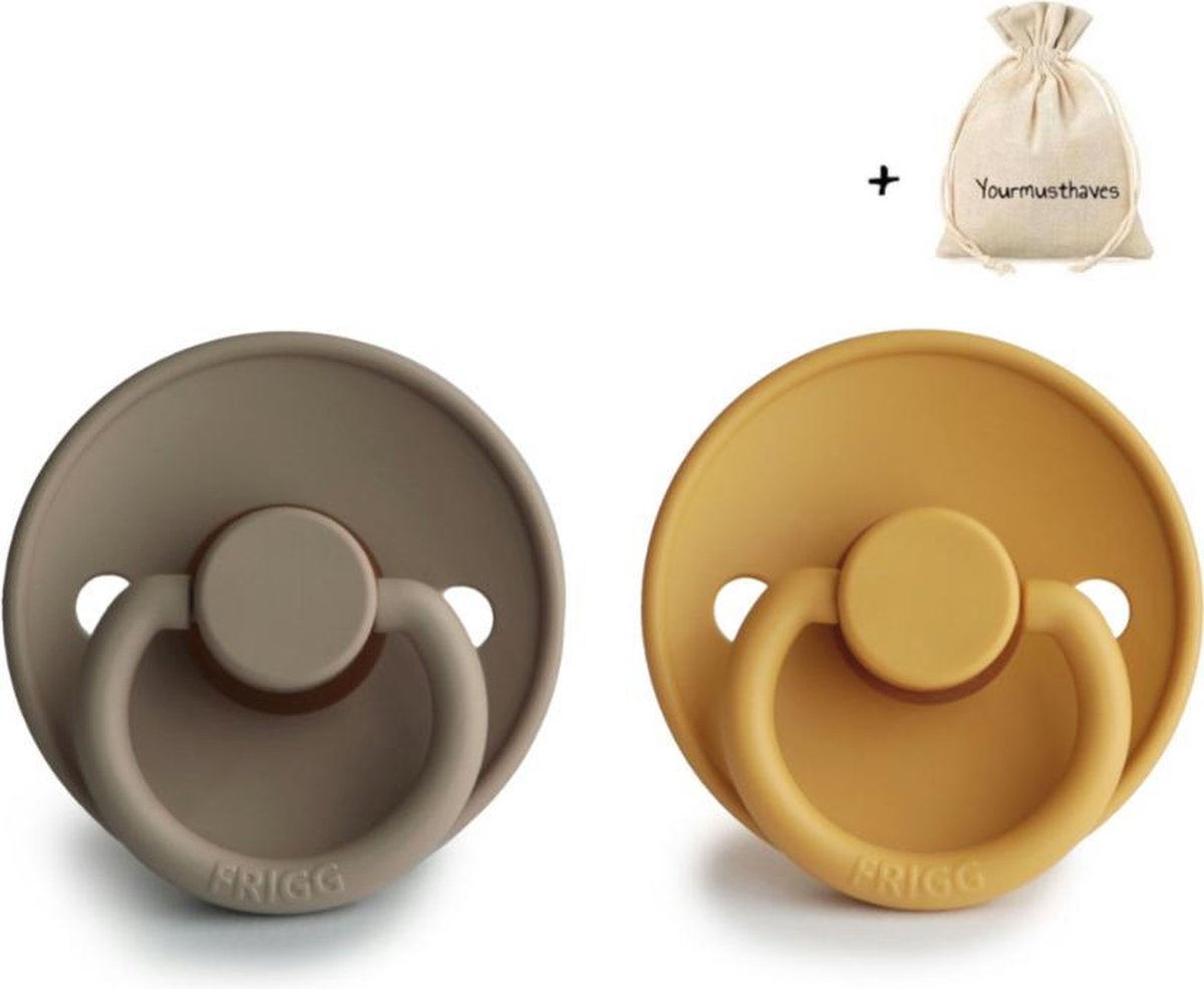 FRIGG | Fopspeen Duo | T1 | 0-6 maanden | Classic | Natuurrubber | Honey Gold + Portobello | Met YOURMUSTHAVES speenzakje