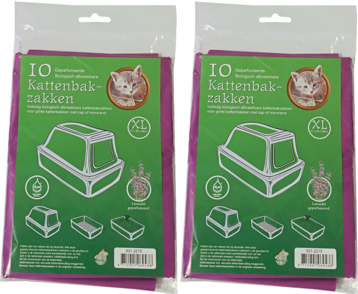 20x stuks bio kattenbak afvalzakken lavendel 51 x 20 x 46 cm - Kattenbakzakken