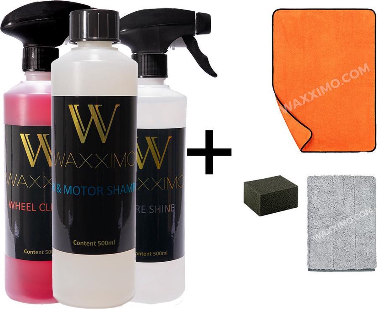 Waxximo COMBIDEAL Exterieur reiniging set + Droogdoek XL + Washandschoen + Vinly spons - Autoshampoo - Motorshampoo -Velgenreiniger - Bandenglans - Bandenzwart - Auto wassen - Auto shampoo - Motor shampoo