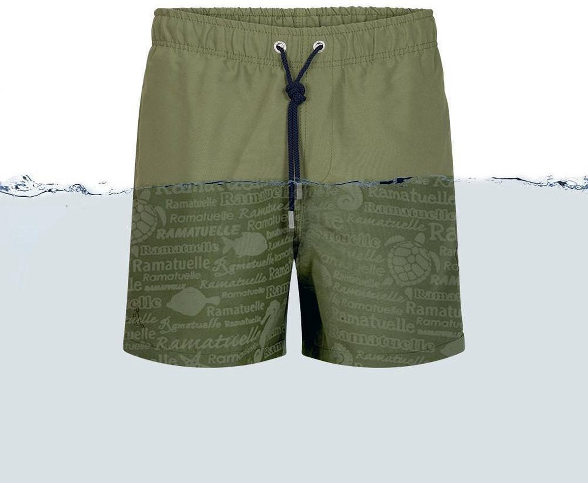 Ramatuelle Zwembroek Jongens - Magic print Zwembroek   - Print wordt zichtbaar zodra de stof nat wordt. - Maat 116 - Kleur  Groen / Khaki