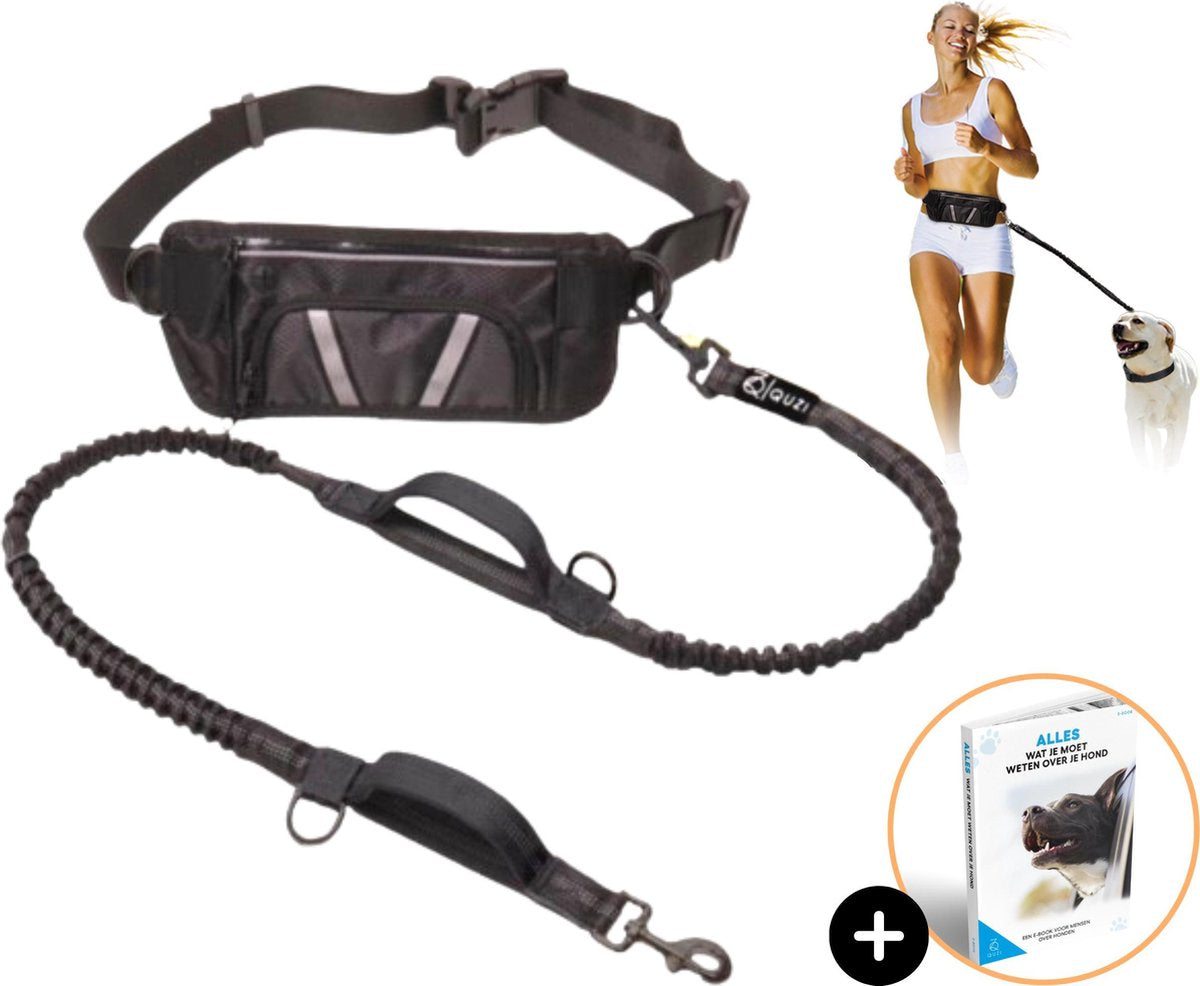 Elastische Handsfree Looplijn met Heupriem - Hondenriem Grote Hond - 150 cm - Zwart - Quzi®