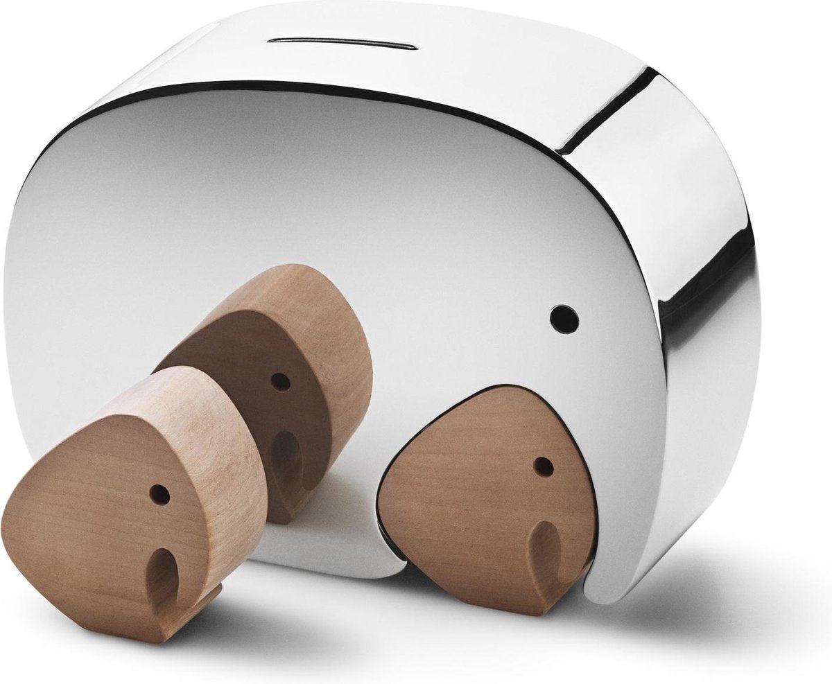 Georg Jensen Elephant Spaarpot Met Houten Tweeling Rvs Glanzend