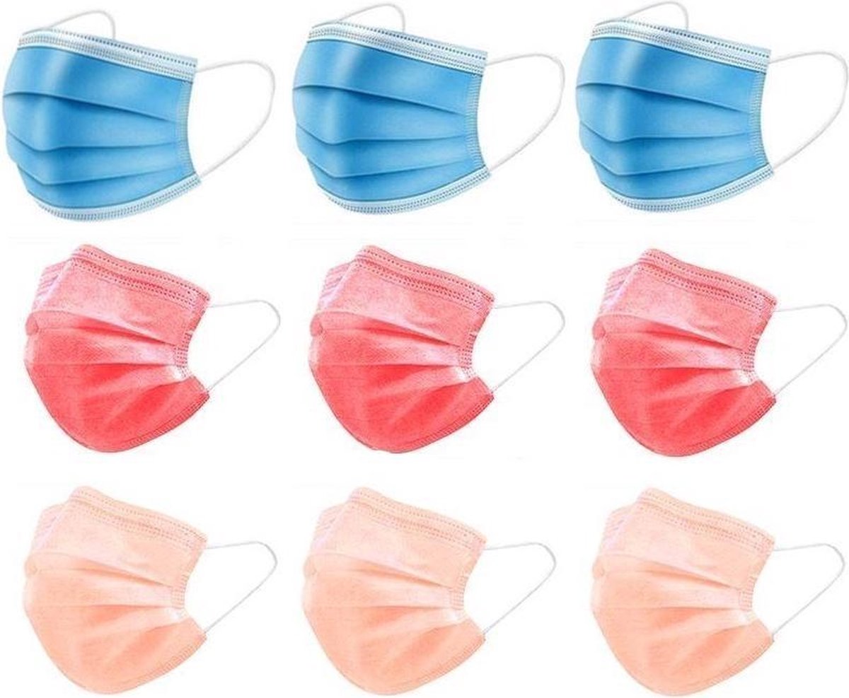 150 Wegwerp Mondkapjes in 3 Kleuren! Mondmaskers Blauw Rood Oranje | 3 Laags| Uitstekende Kwaliteit