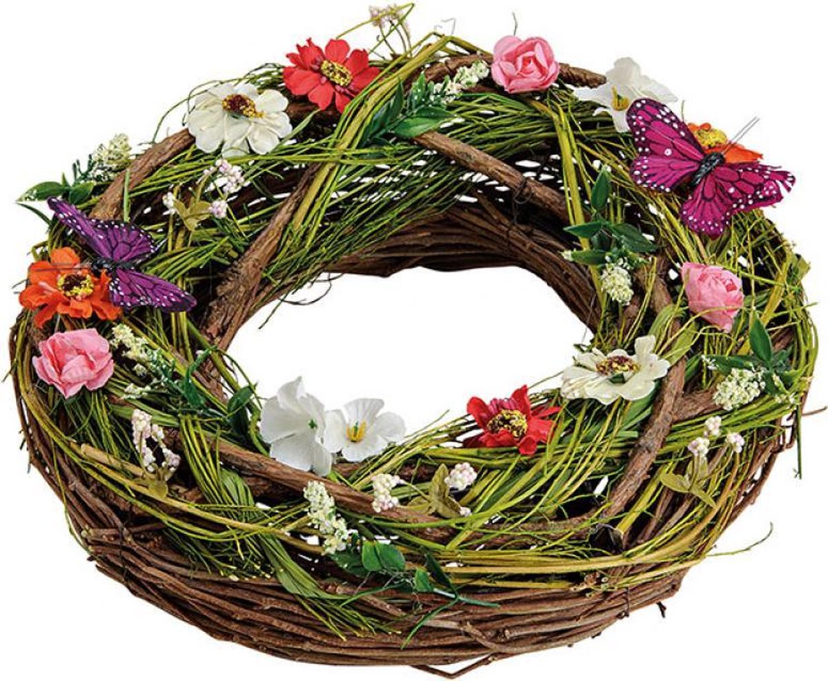 Vrolijke krans | met vlinders en bloemen | 30 cm | natuurlijk hout | voorjaar lente zomer | woning decoratie
