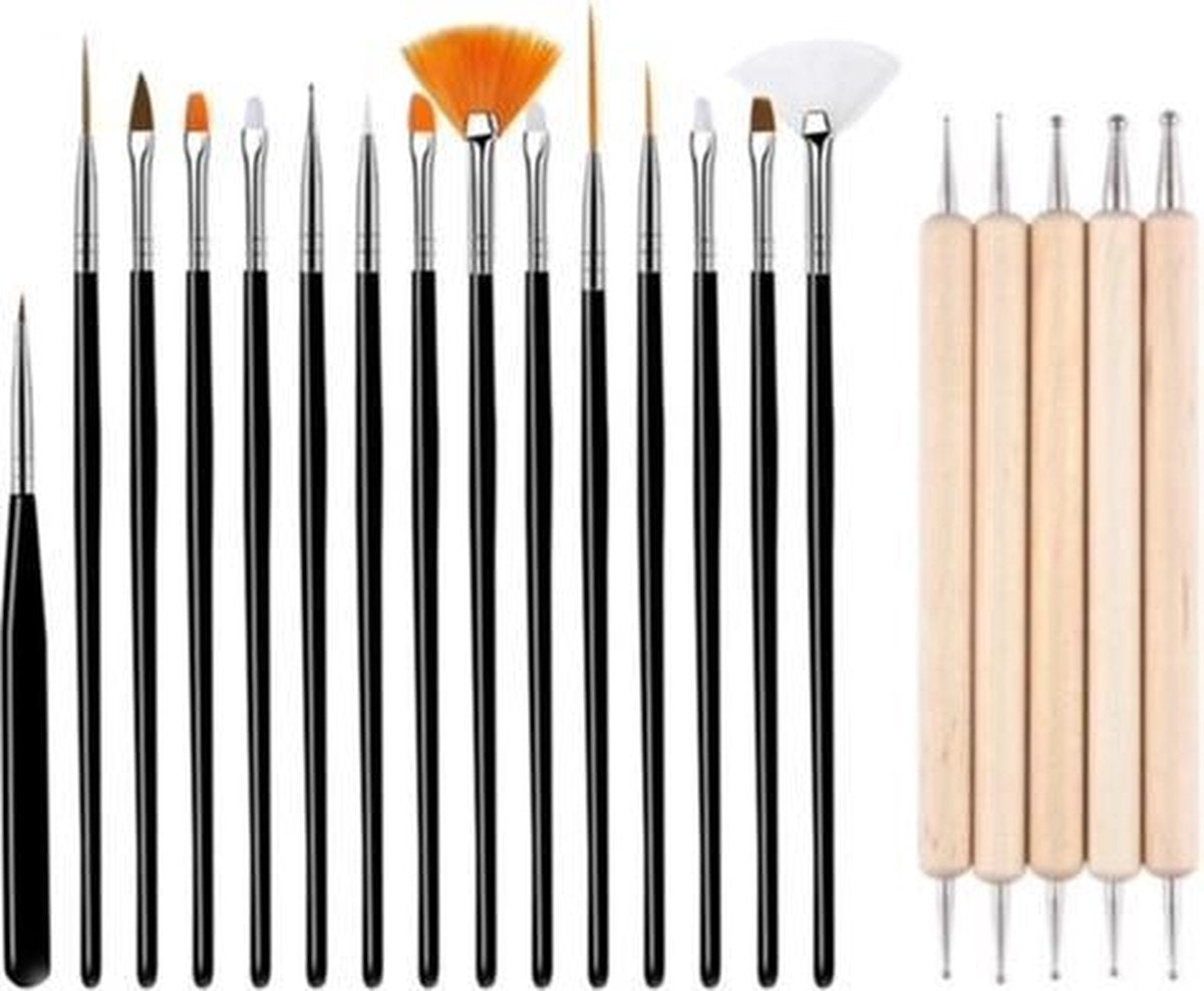 GUAPÀ - Nail Art Set Penselen Zwart met Houten Dotting Tools - High Quality
