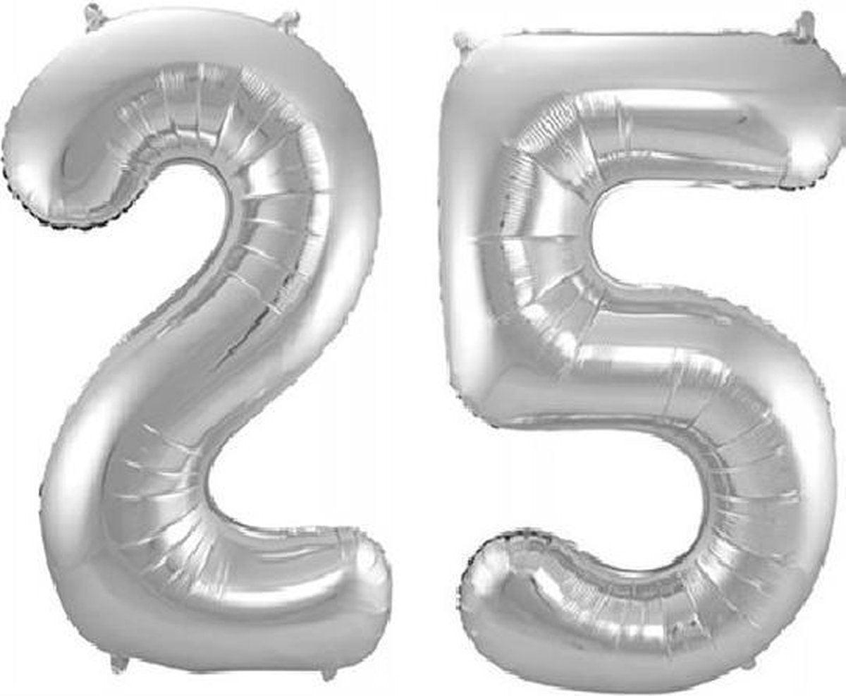 Folie ballon cijfer 25 jaar – 80 cm hoog – Zilver - met gratis rietje – Feestversiering – Verjaardag – Bruiloft