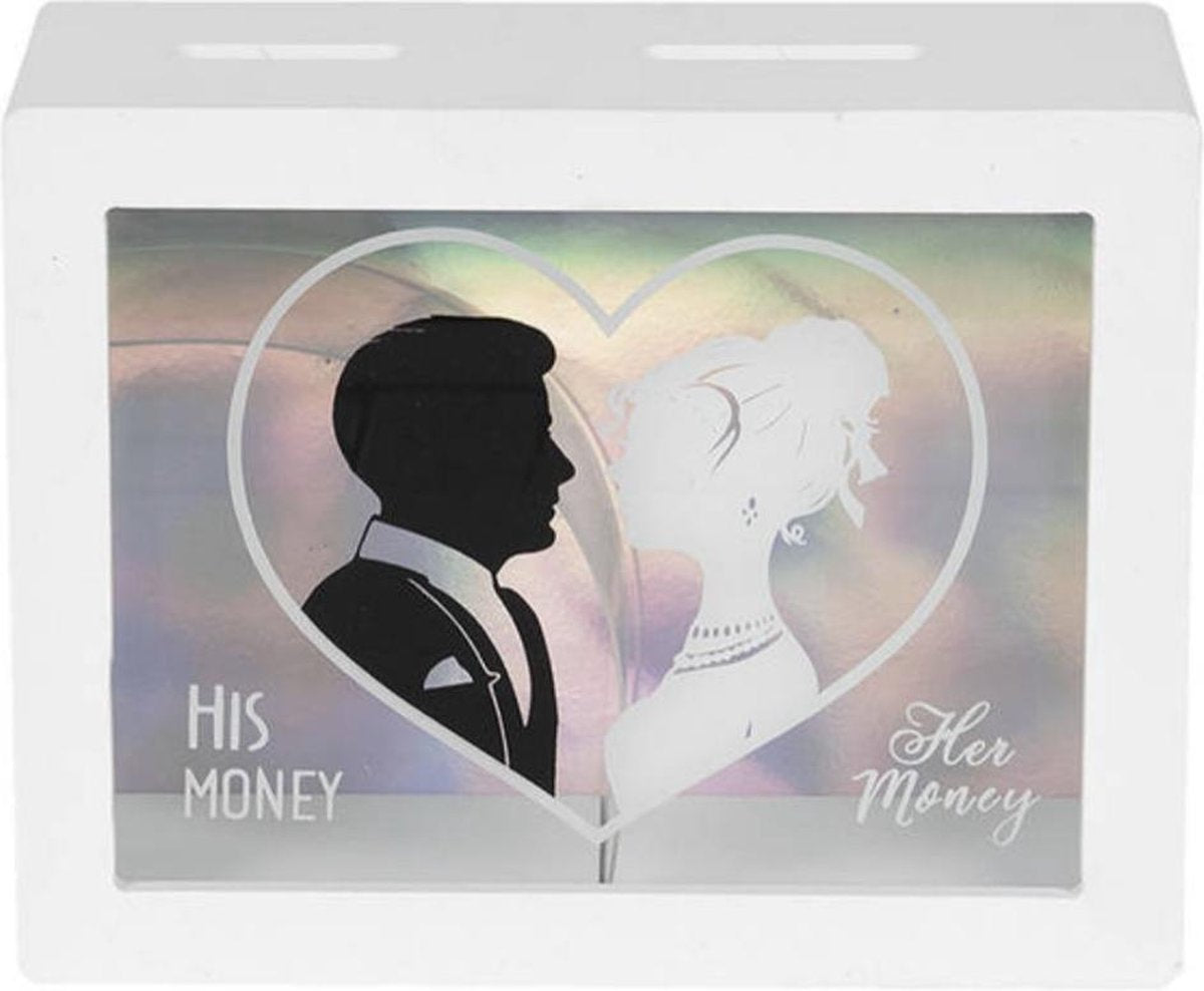 Spaarpot His money Her money | Spaarpot Hout | Spaarvarken | 14x18x7 CM | Houten Kist | Geldkistje | Herbruikbaar | Wit hout leuke spaarpot | Hart | Woondecoratie | Hout | Glas |