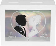 Spaarpot His money Her money | Spaarpot Hout | Spaarvarken | 14x18x7 CM | Houten Kist | Geldkistje | Herbruikbaar | Wit hout leuke spaarpot | Hart | Woondecoratie | Hout | Glas |