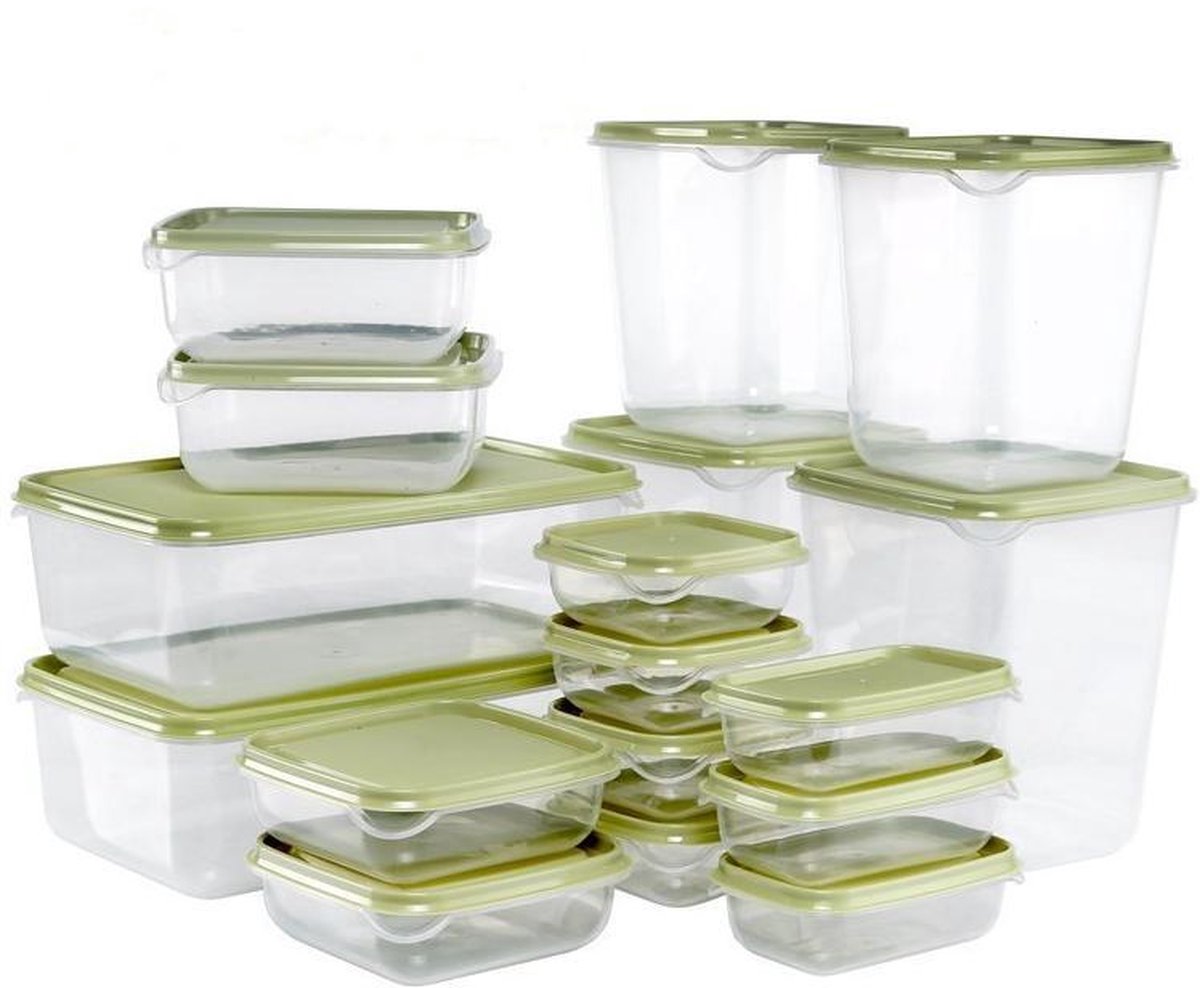 TDR - Vershoud bakjes set - 17 delig - 2/1.9/1.1/0.6/0.3/0.12 liter  - Transparant met groen doos