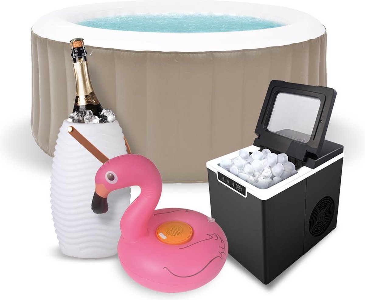 BluMill Jacuzzi Zomerbundel -  Ø 165 x 70 cm - Bruin - Inclusief IJsblokjesmachine - Wijnkoeler - Waterproof Flamingo Speaker